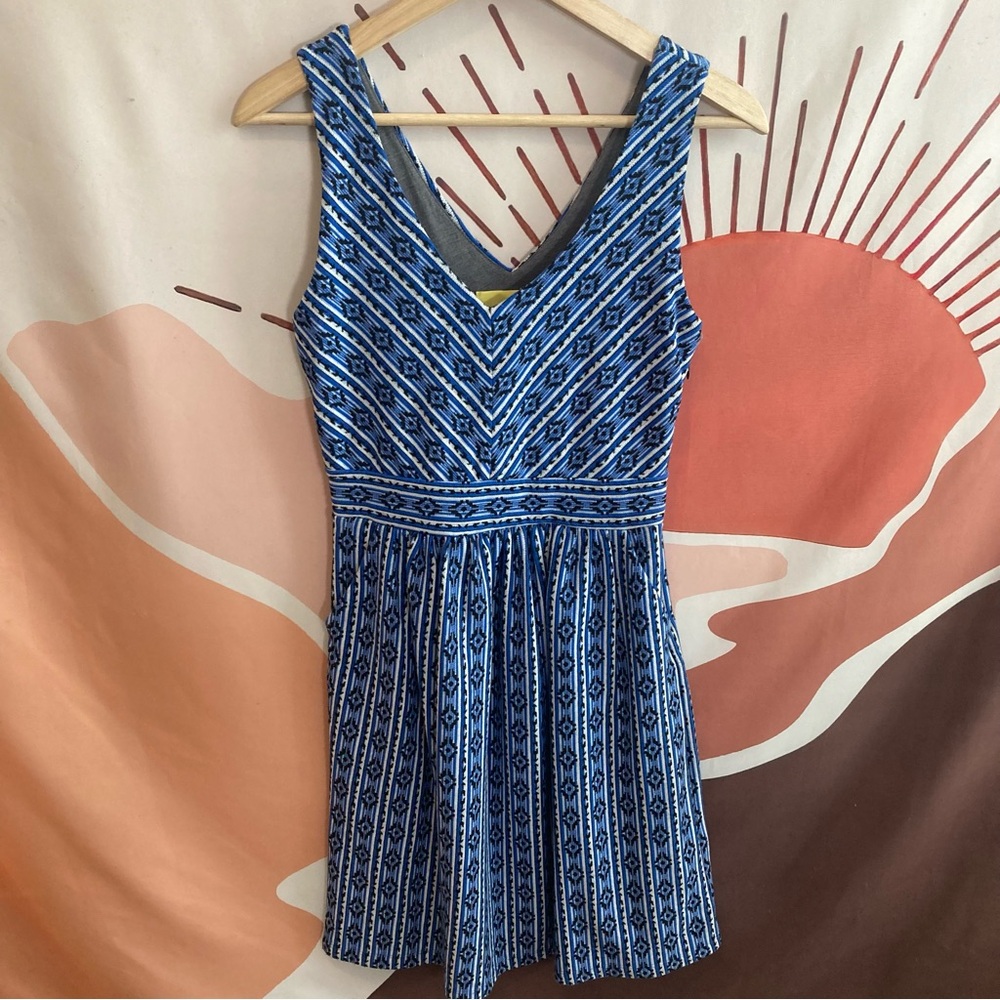 Maeve Navy and Sky Blue Geometric Patterned Mini Dress Pleated Skirt Women’s 8